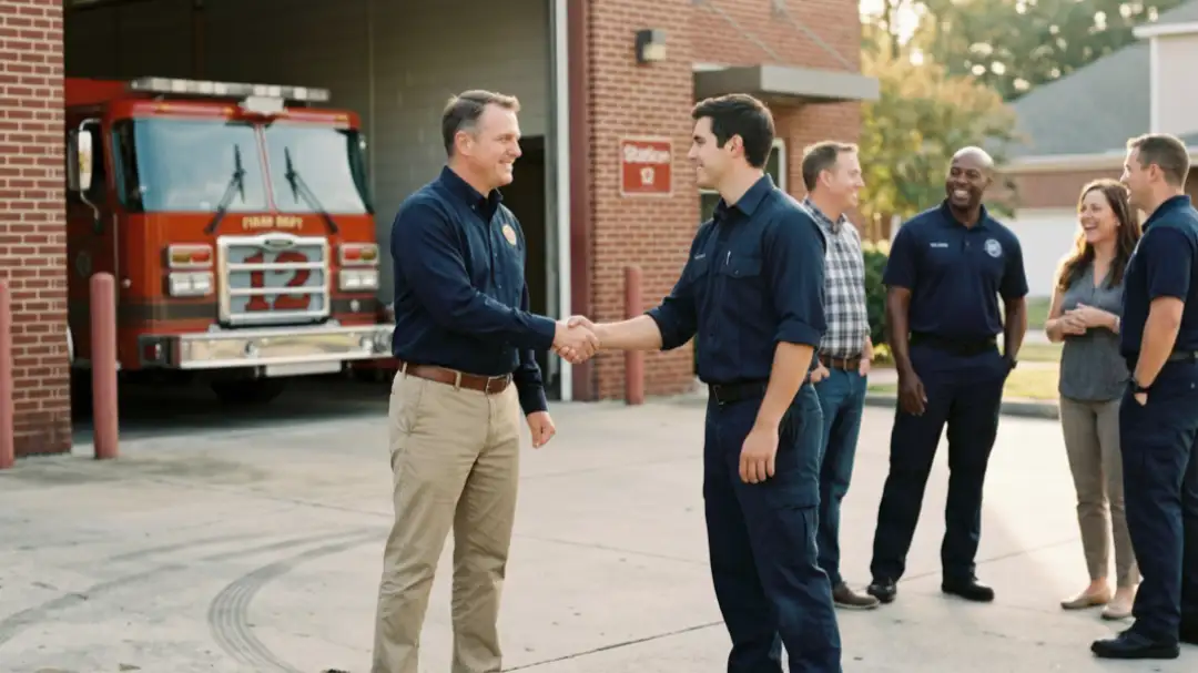 fire chief shaking hands with firefighter at station