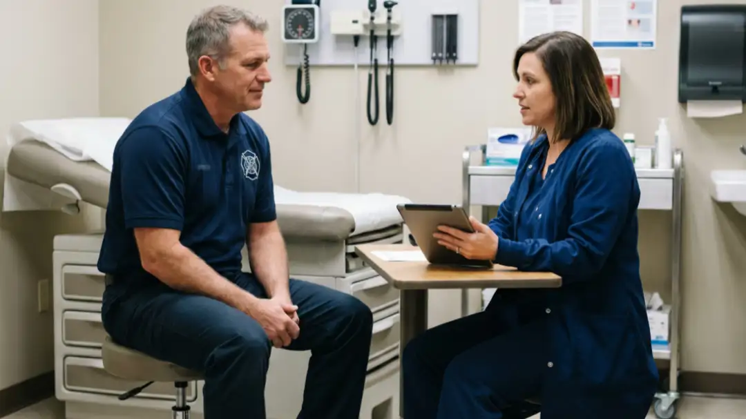 firefighter consulting with healthcare professional in exam room