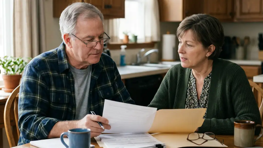 older couple reviewing retirement financial documents